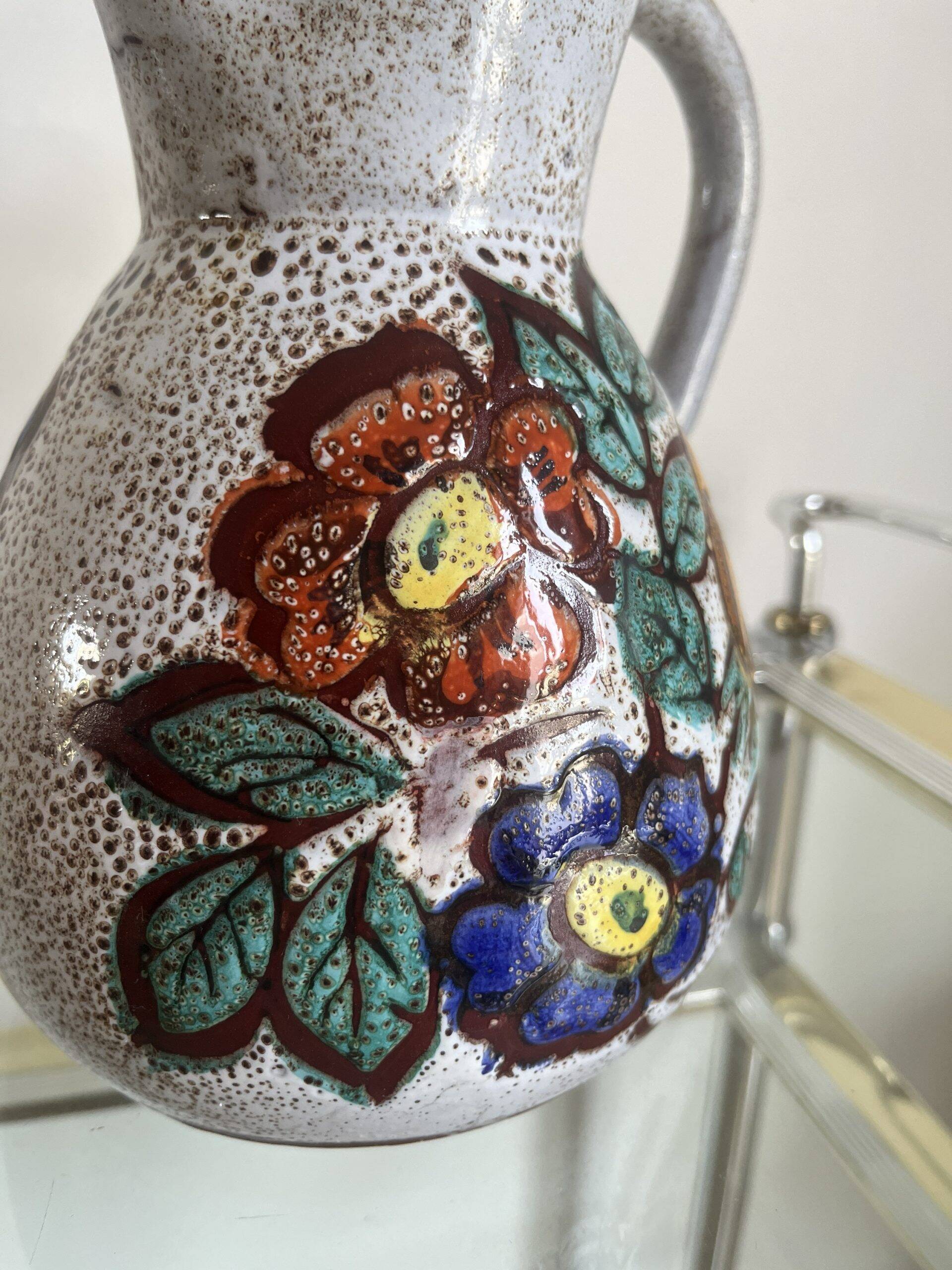 Flowery pitcher in vallauris enameled ceramic hand decorated