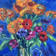 Anemones and marigolds, oil on canvas signed Gisèle Renaut.