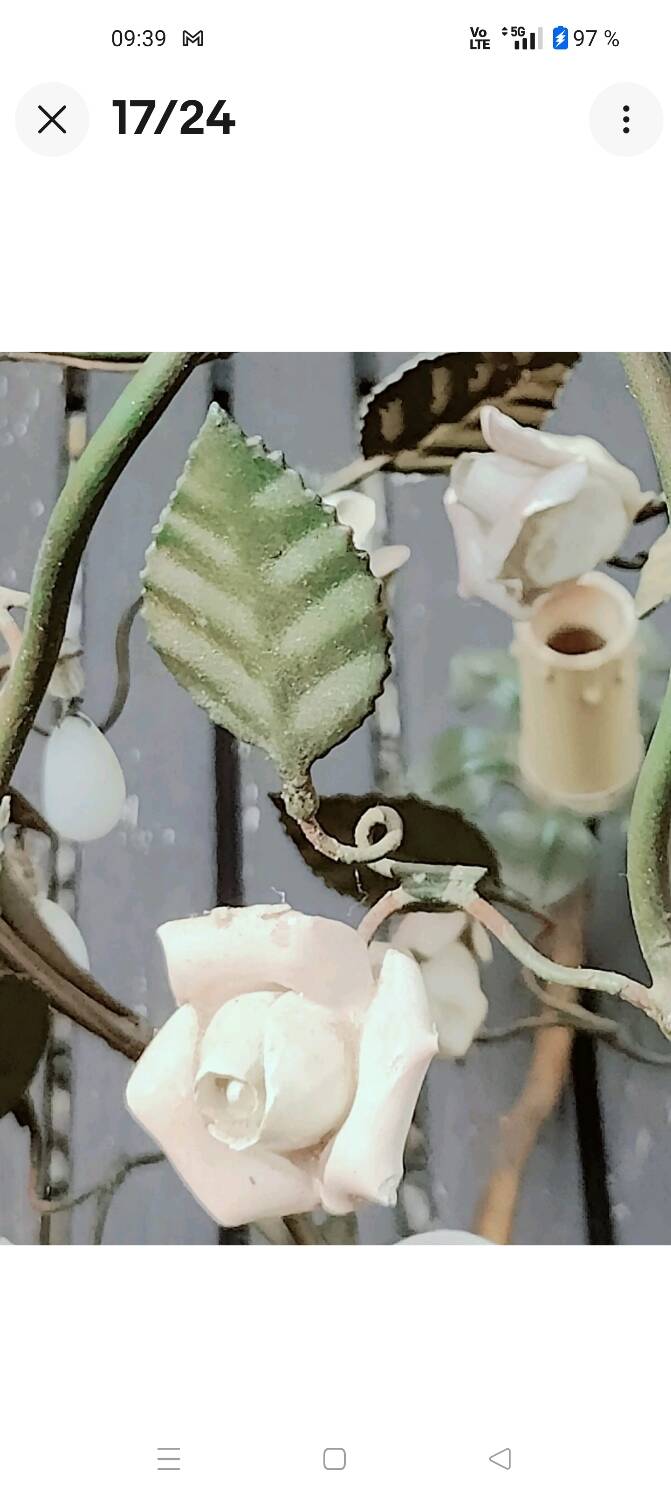 Italian cage chandelier decorated with ceramic roses and glass paste pendants