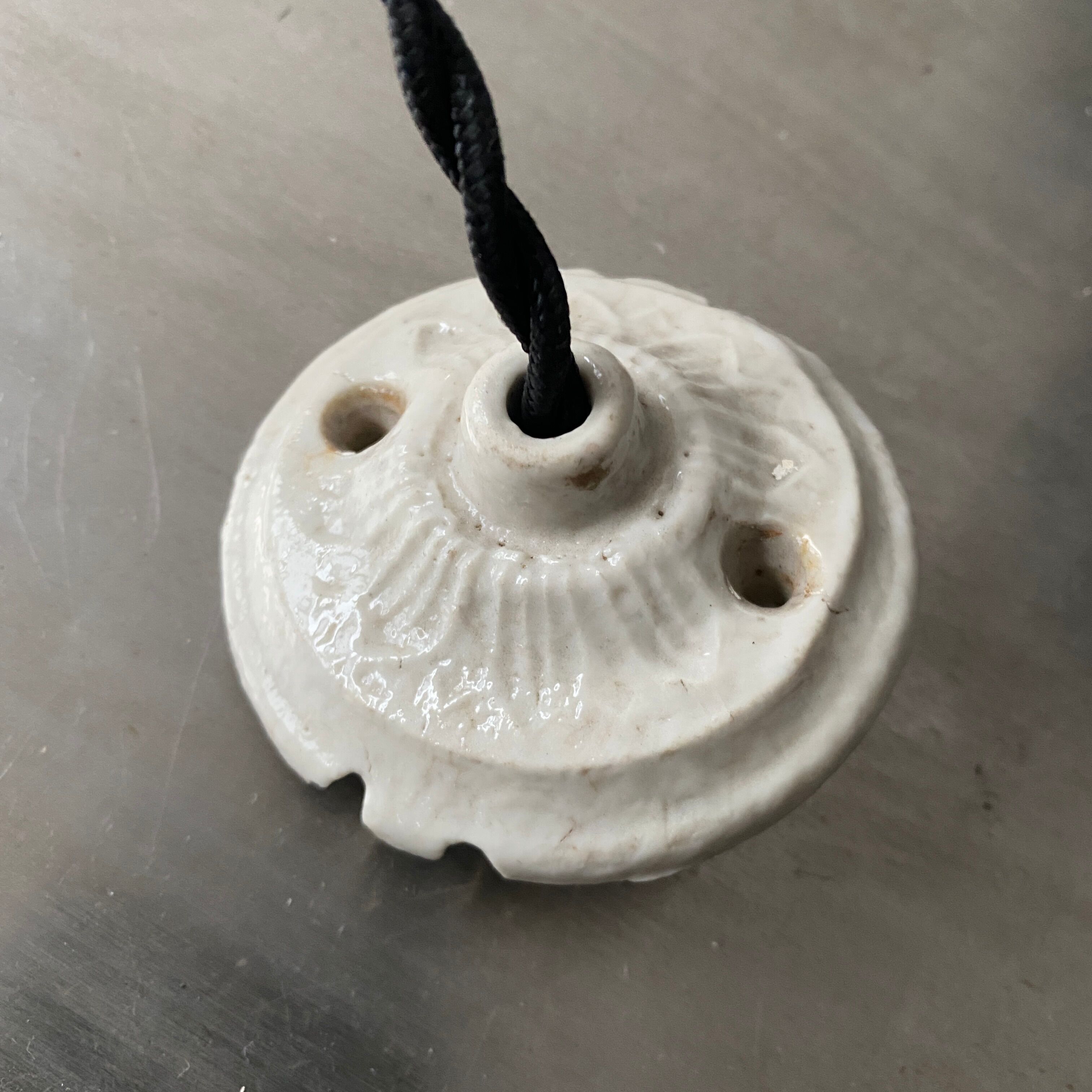 Old oval enamelled industrial hanging lamp