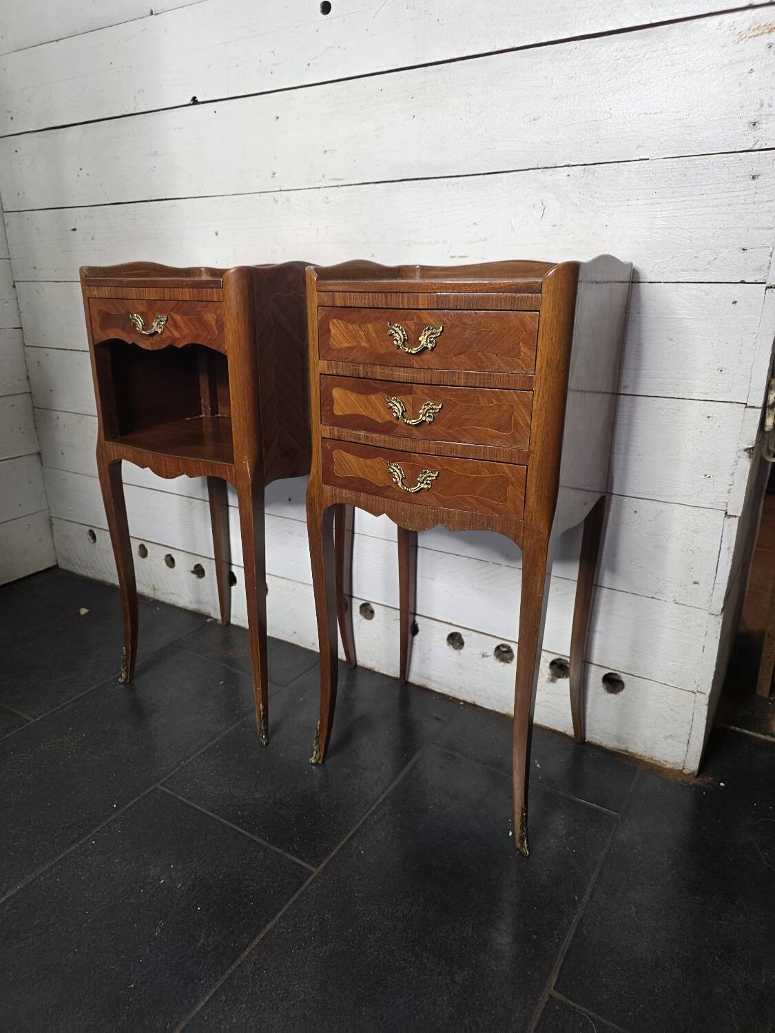 Pair of Louis XV style bedside tables in marquetry