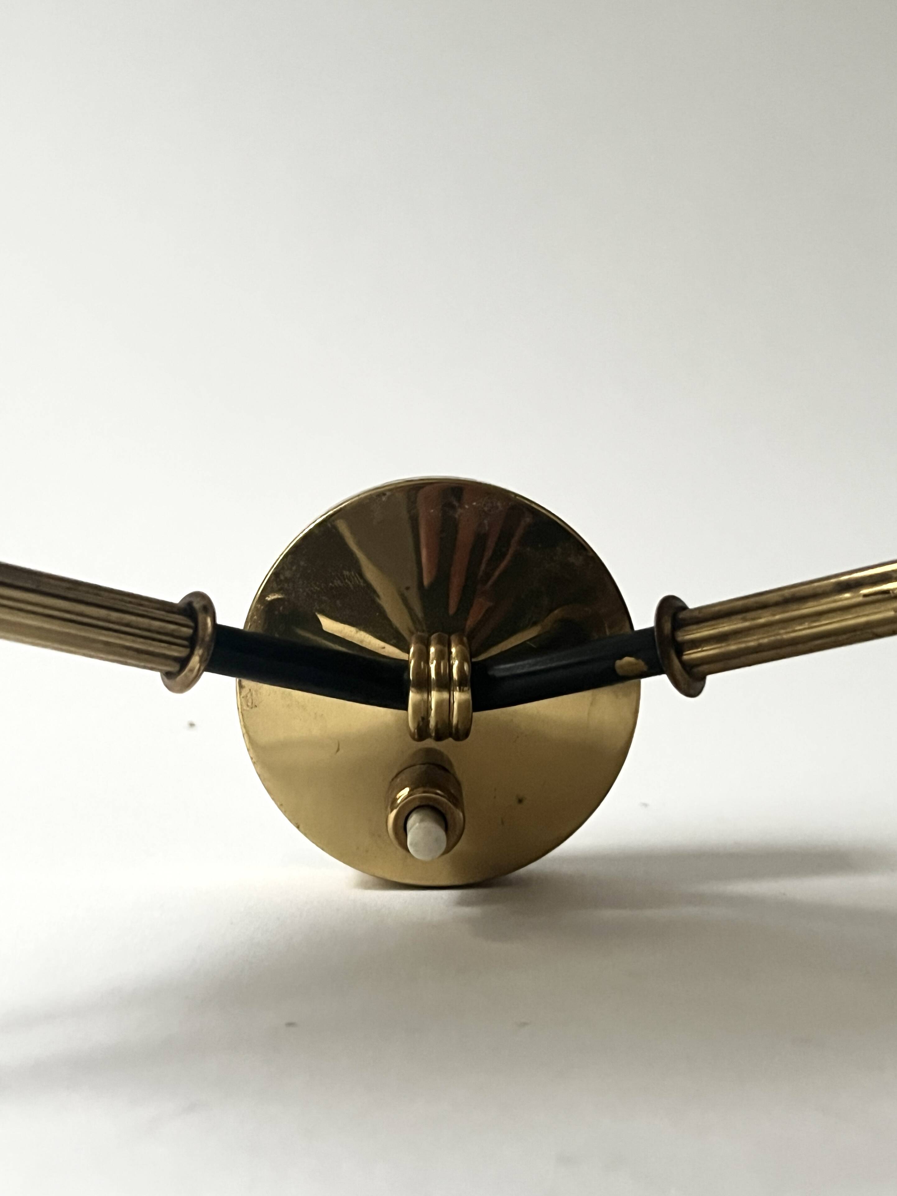 2 double wall lights in brass and white opaline glass, Arlus design 1950