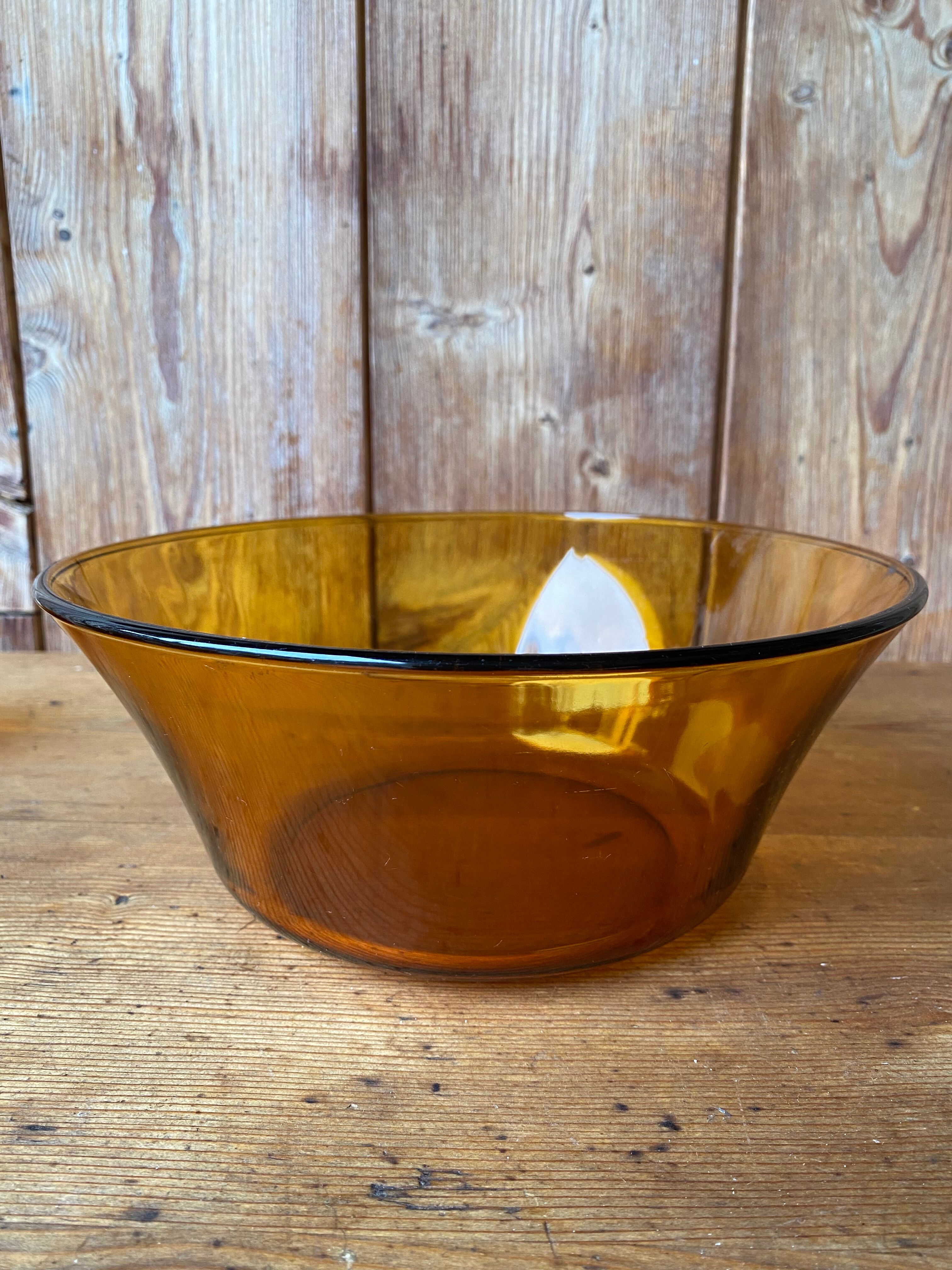 Salad bowl and raviers in tempered glass Vereco amber brown