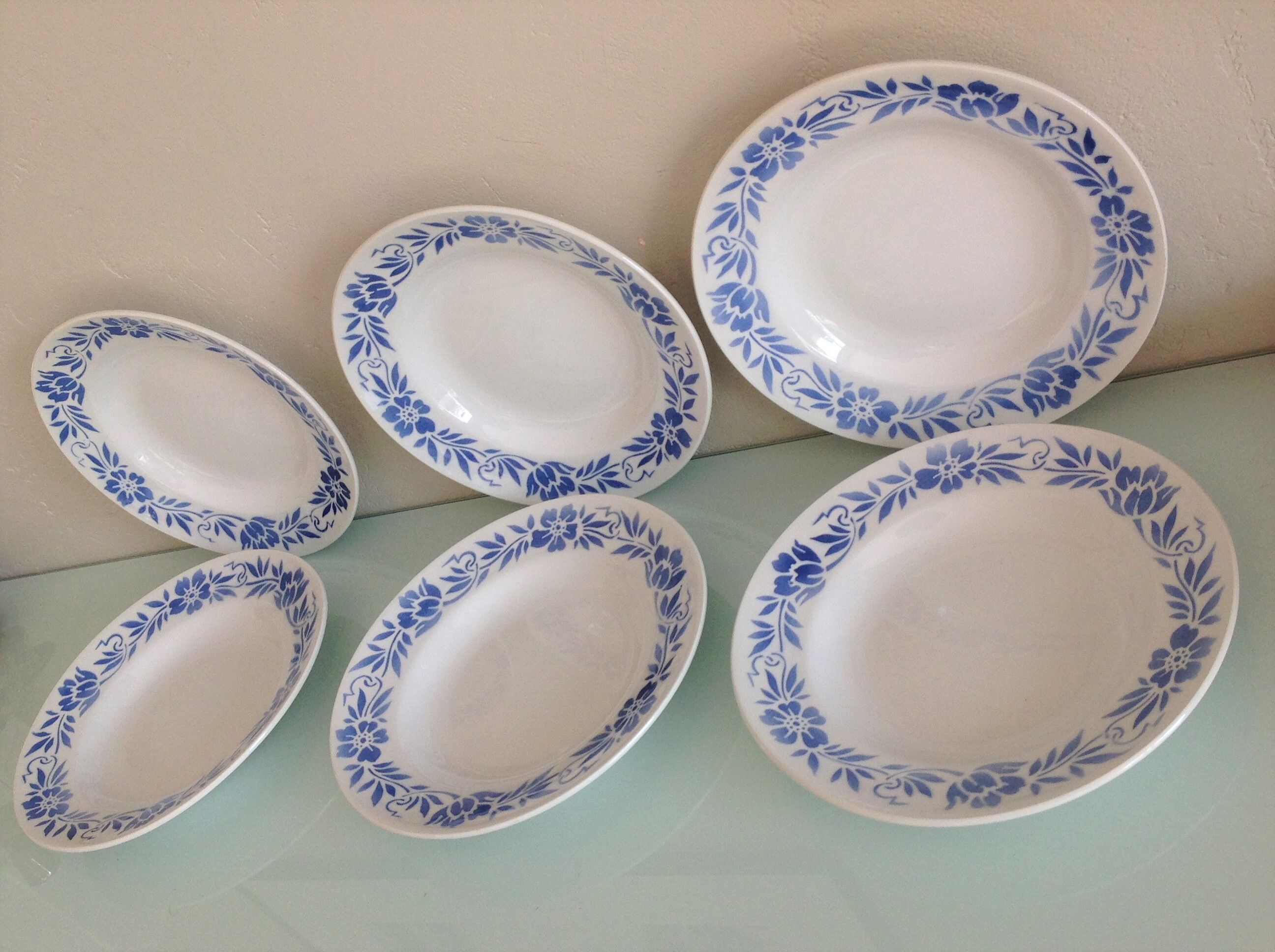 Suite of six white hollow plates with blue flowers by Moulin des Loups / vintage years 50-60