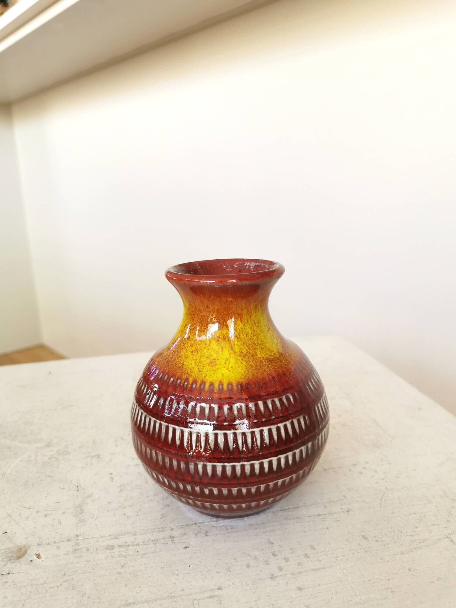 Vintage Scheurich Fat Lava Vase: West German Red & Yellow Pottery