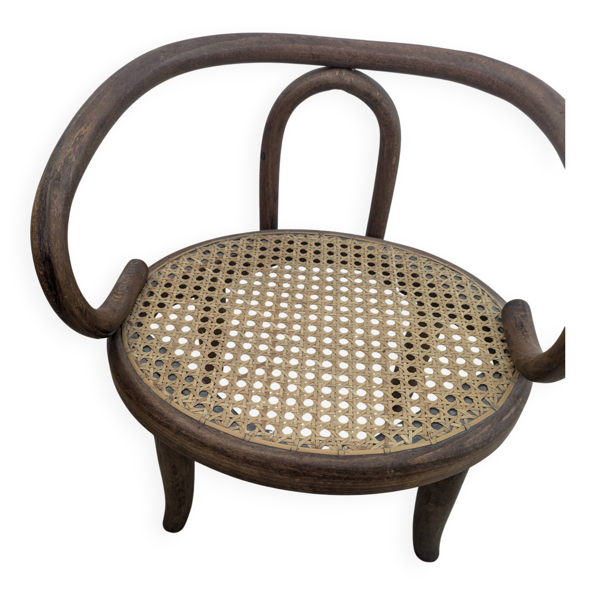 Small Antique Children's Armchair in Curved Wood and Cane