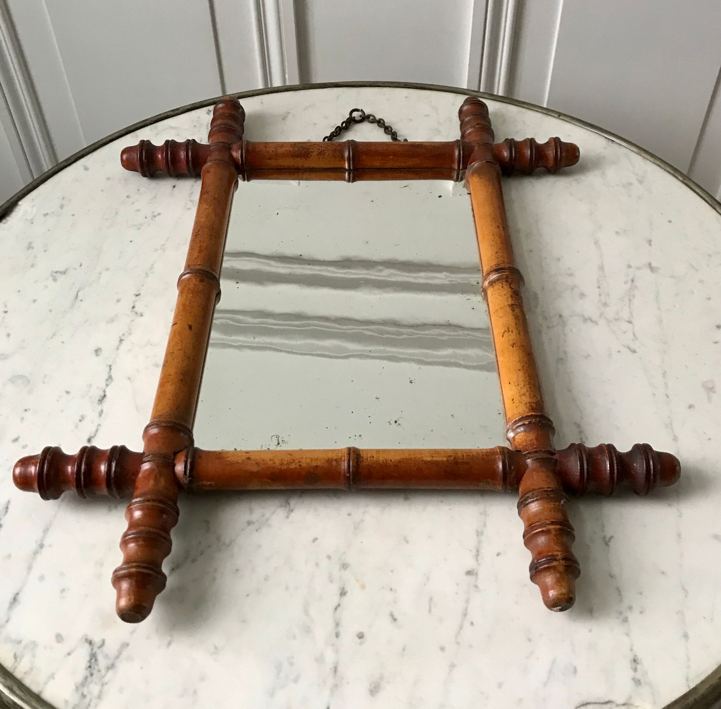 Old barber mirror in solid wood bamboo effect 30-40s