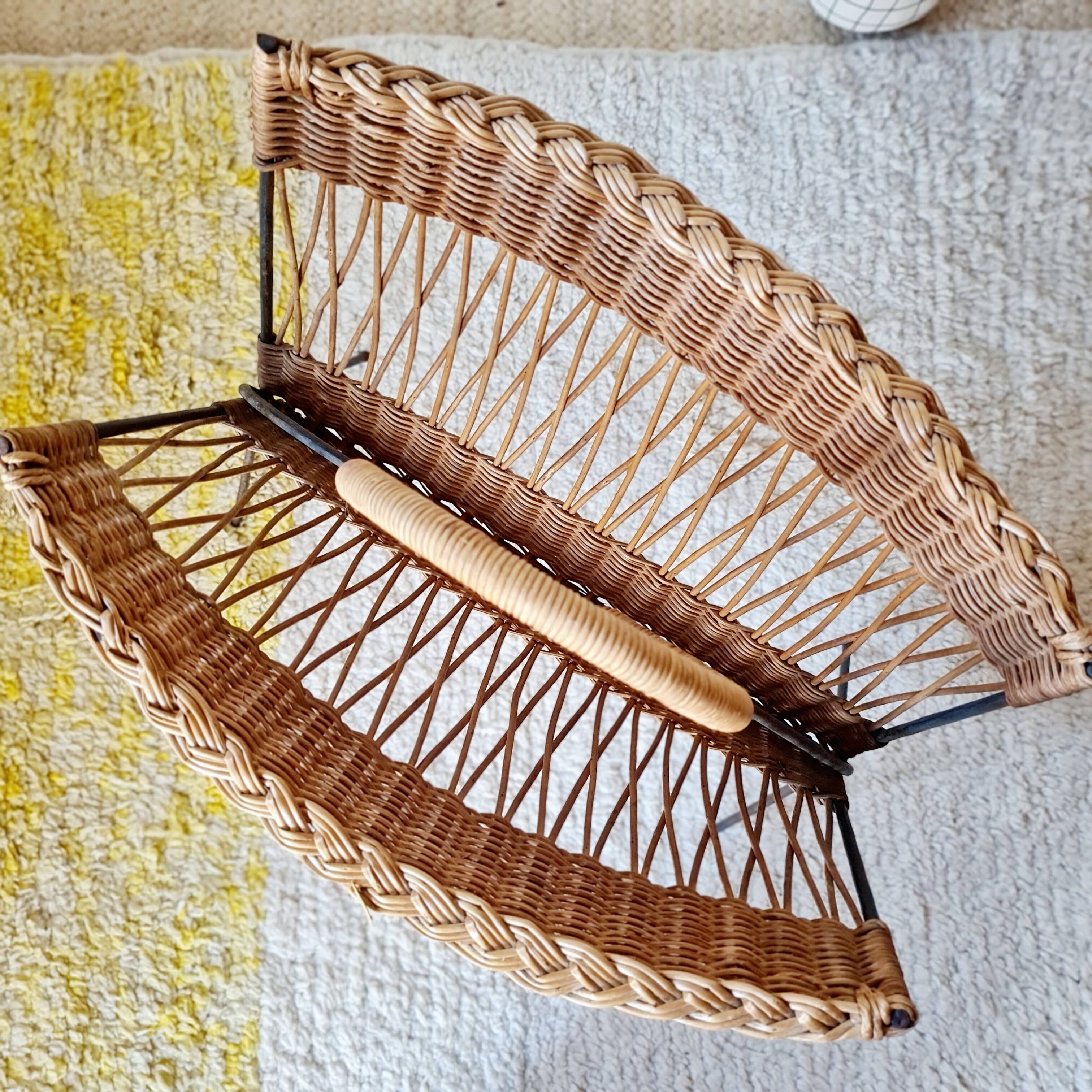 Vintage wicker and metal magazine rack