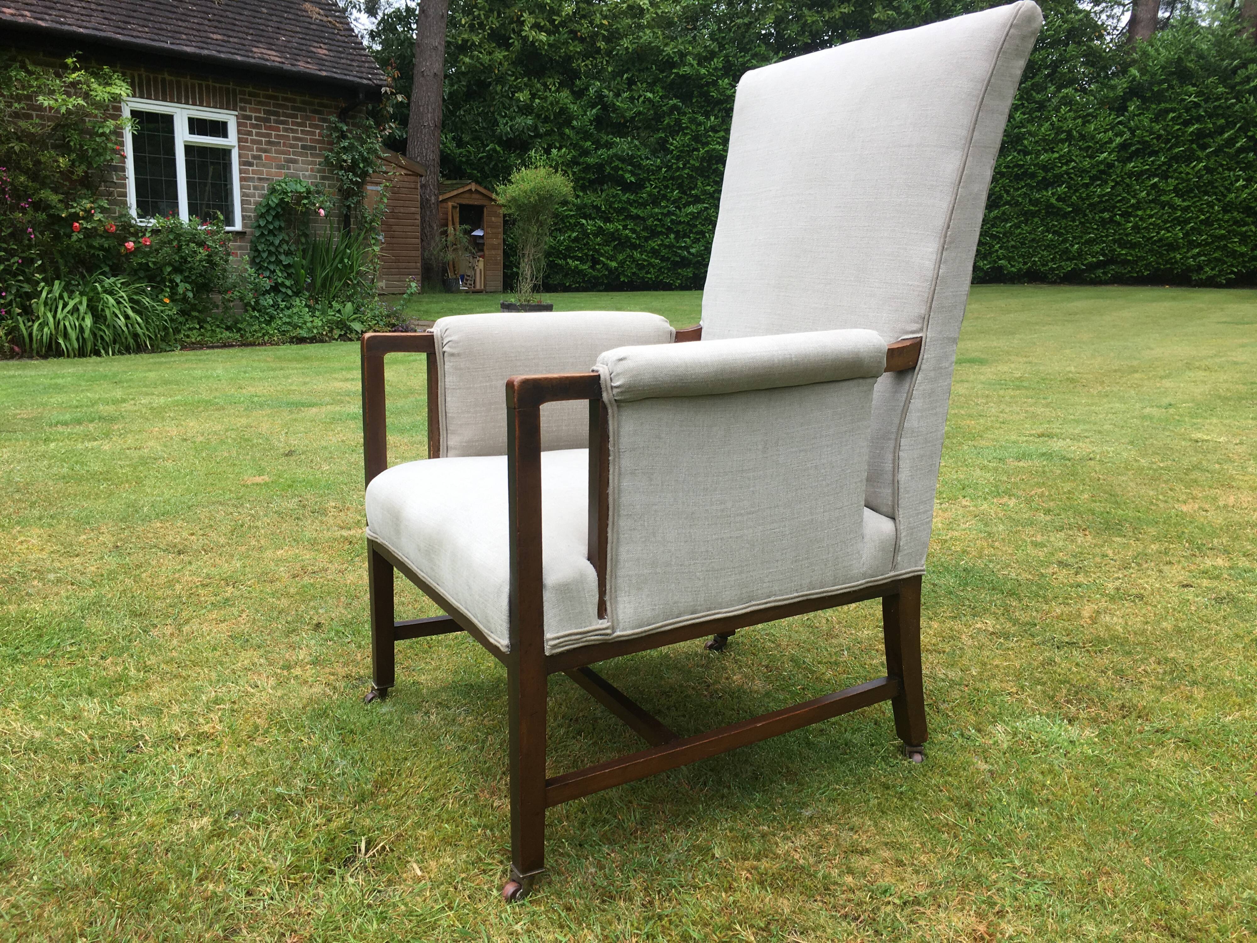 Vintage Antique Oak Reupholstered Armchair On Castors in Beige