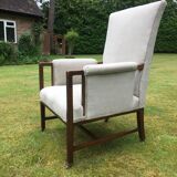 Vintage Antique Oak Reupholstered Armchair On Castors in Beige