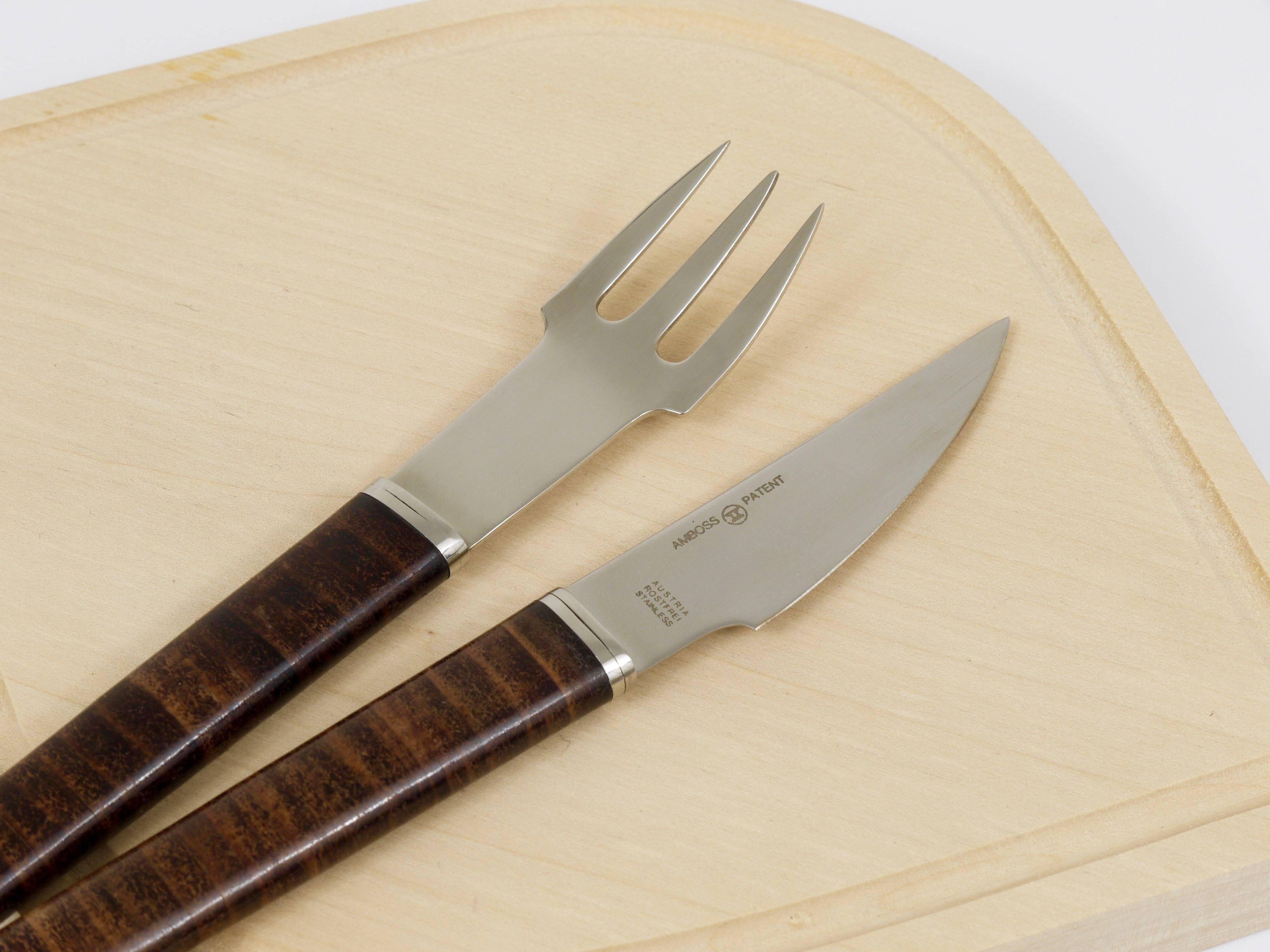 Snack set János Megyik, knife, fork and wooden board, Amboss Austria, 1970s