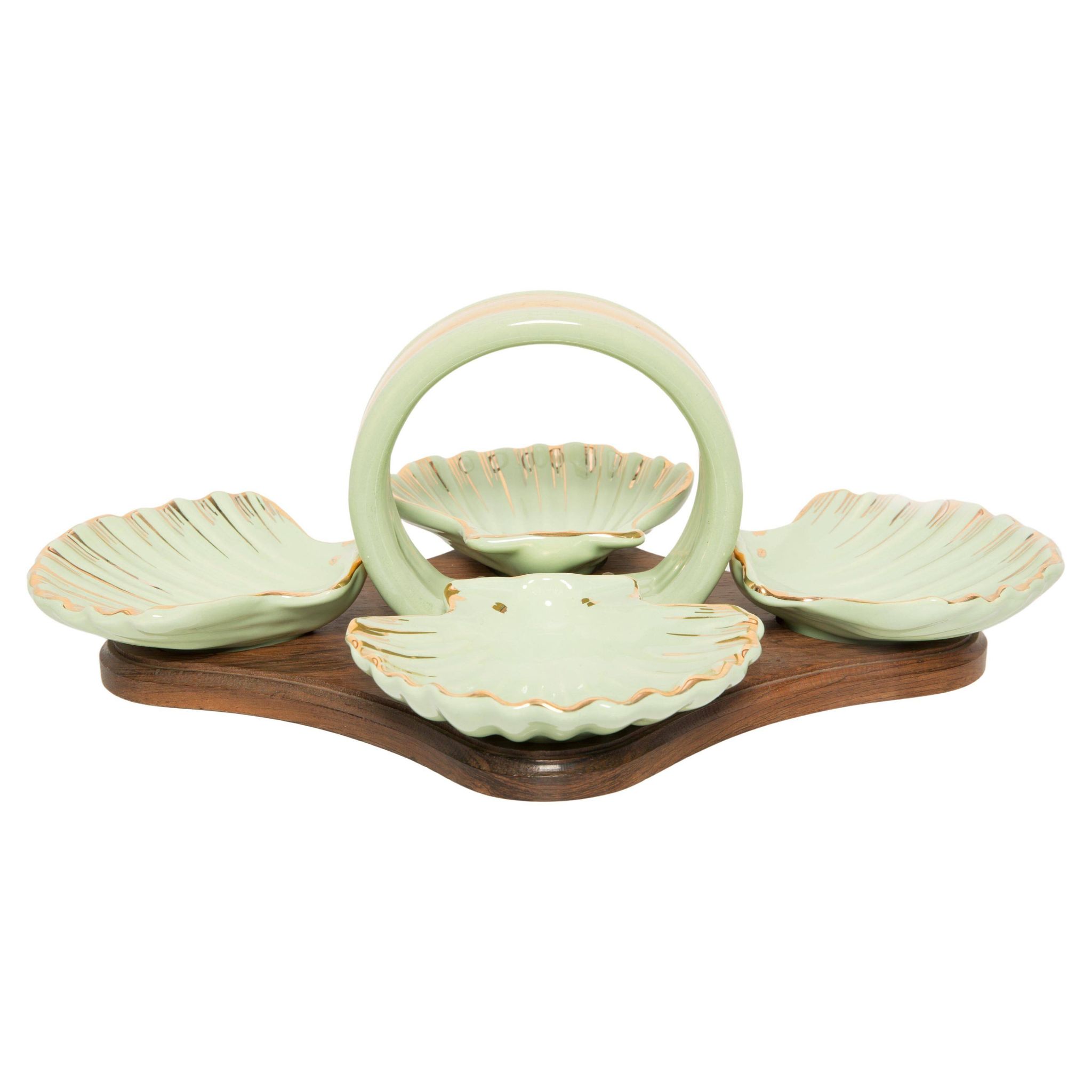 Vintage decorative plate in wood and ceramic with green shells, France, 1960s.