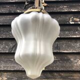 Antique French Napoleon III Brass & Bronze Opaline Glass Ceiling Light