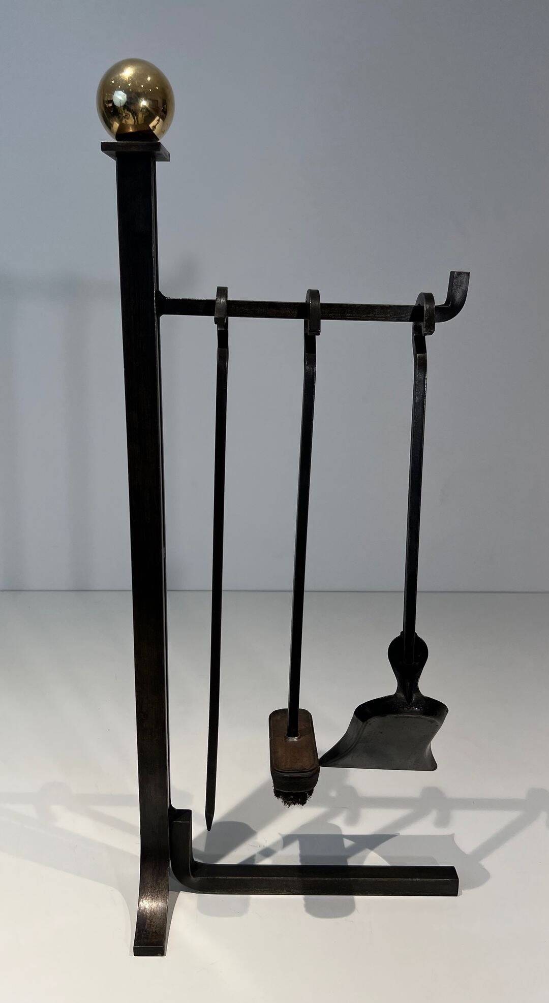Modernist Fire Necessities in Steel and Brass with Hanging Tools, in the