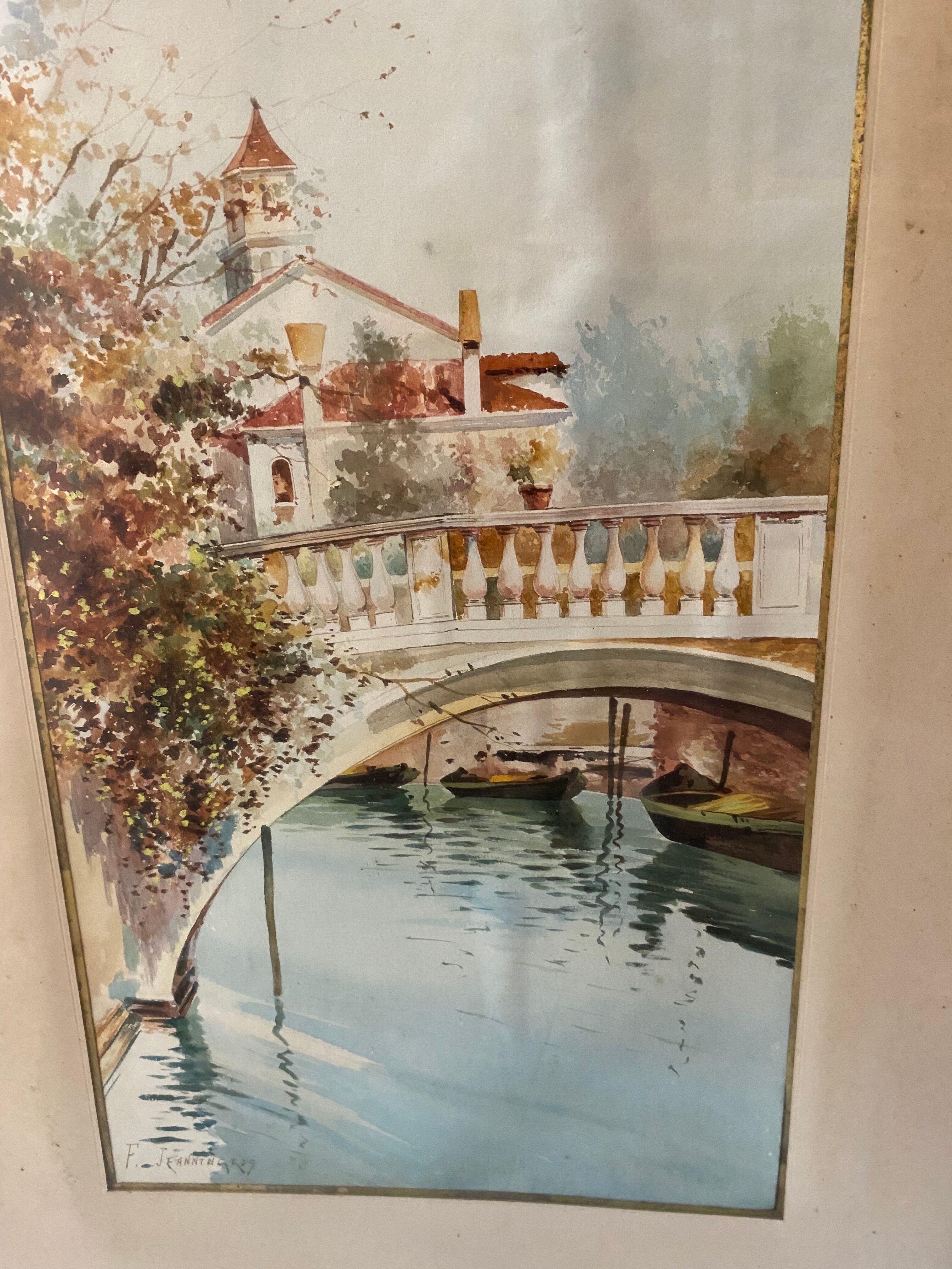 Small bridge in venice watercolor signed f. jeannin big framed early twentieth century