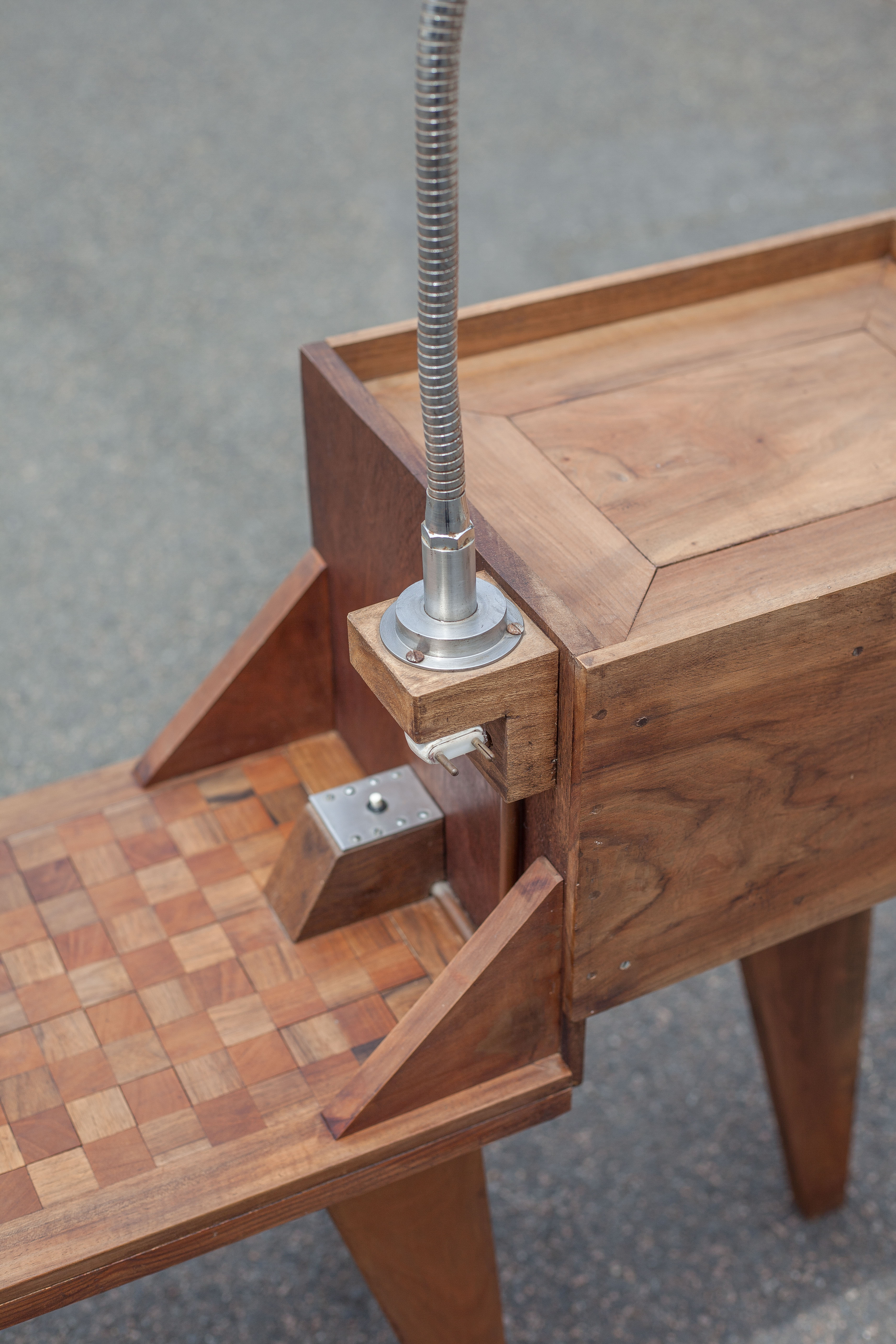 Industrial wood furniture, furniture with integrated lamp, trade furniture, industrial, compass feet