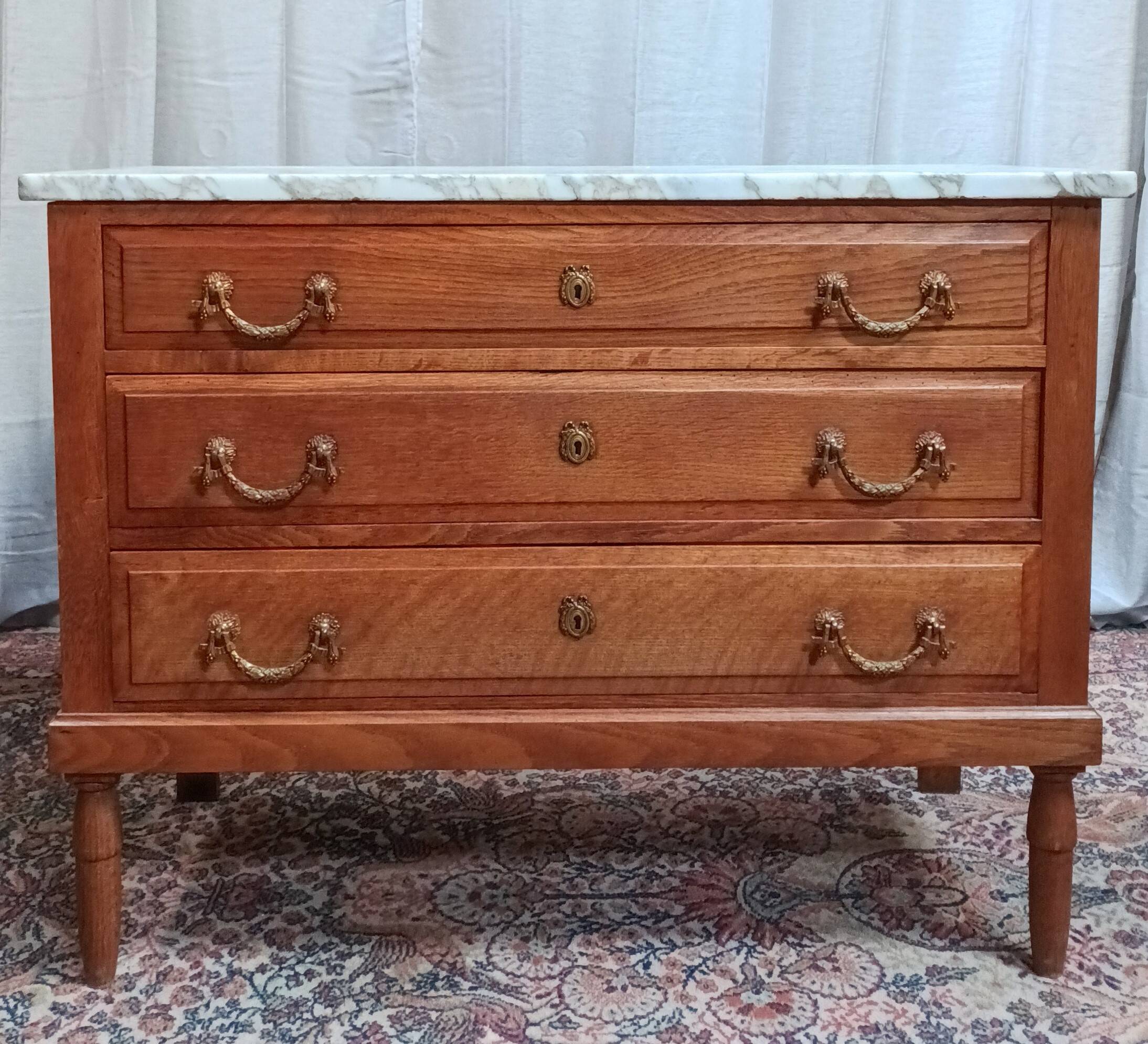 Louis XVI style chest of drawers in oak and marble top