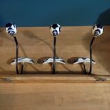 Coat rack patinated wood 3 hooks metal porcelain deco