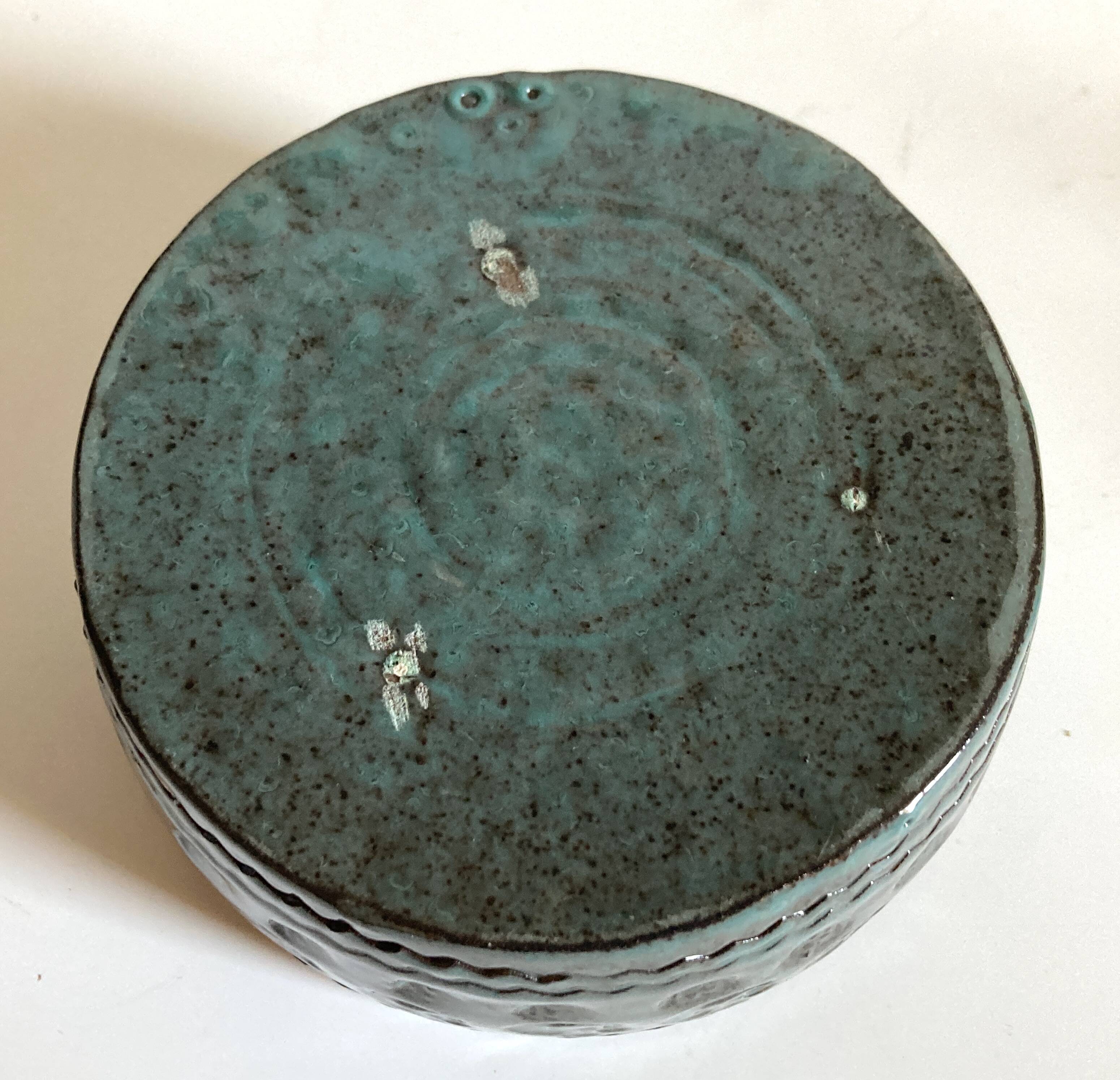 Green-blue enameled ceramic (stoneware) candy box with mermaid decoration, mid-20th century