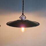 Trio of large industrial suspensions in green enamelled sheet metal.