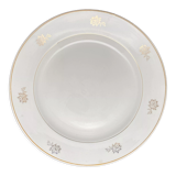 Round serving dish with small flower pattern and silver border
