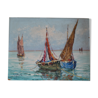Fishermen's sailboats in the Côte d'Azur Robert GIOVANI oil on isorel