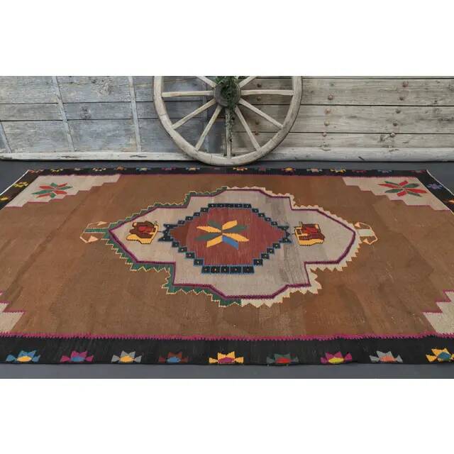 1970s vintage Turkish Oushak handmade wool cotton brown area rug 180x345