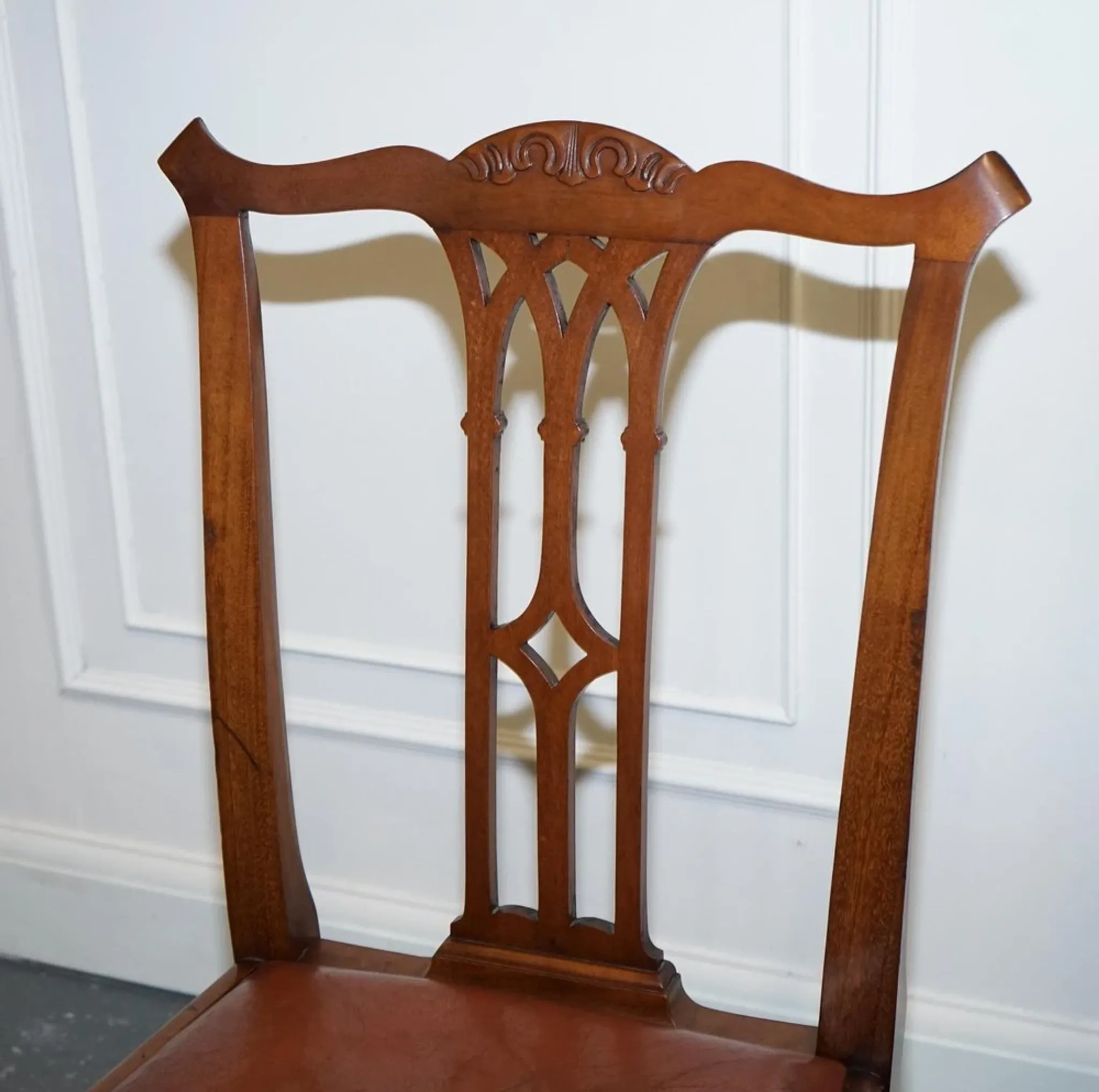 Chippendale Style Dining Chairs with Leather Seats, Set of 5
