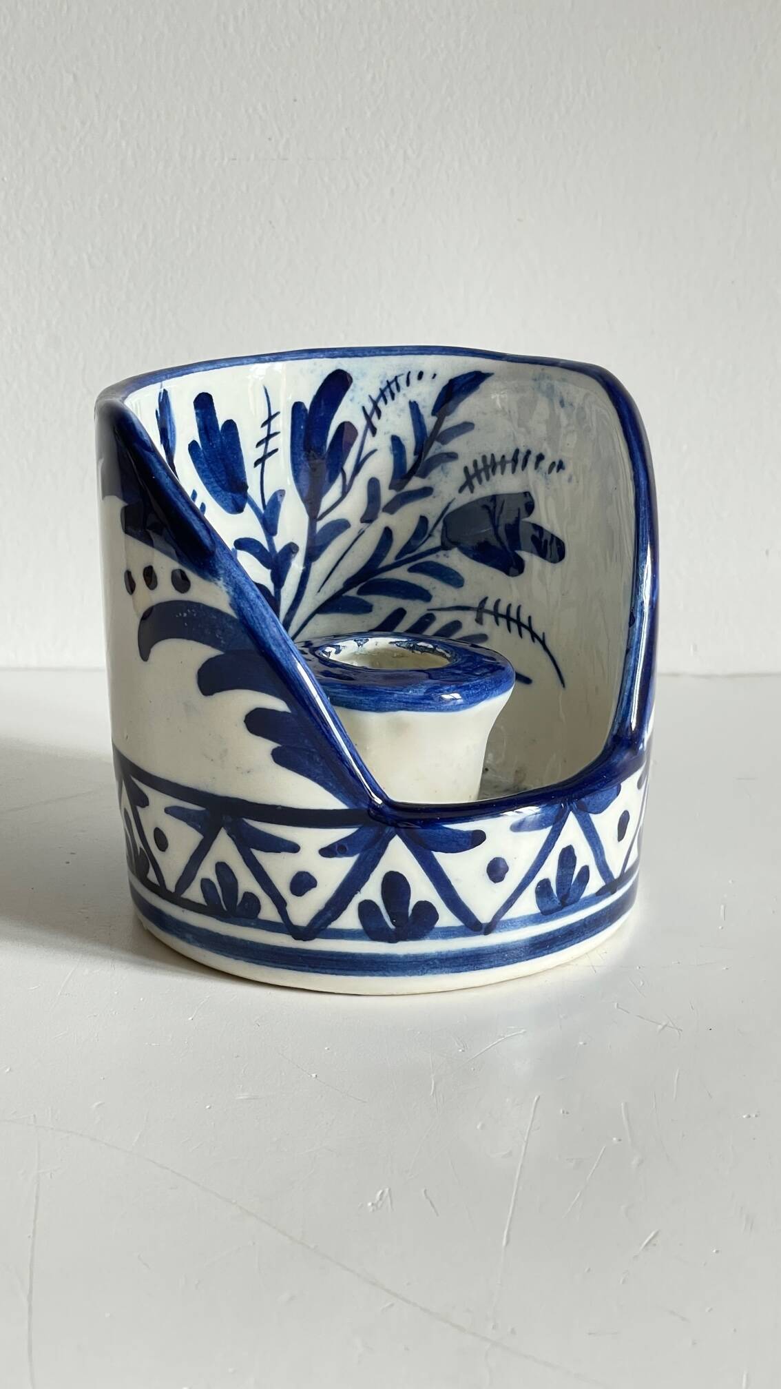 Blue ceramic hand candle holder vintage craft