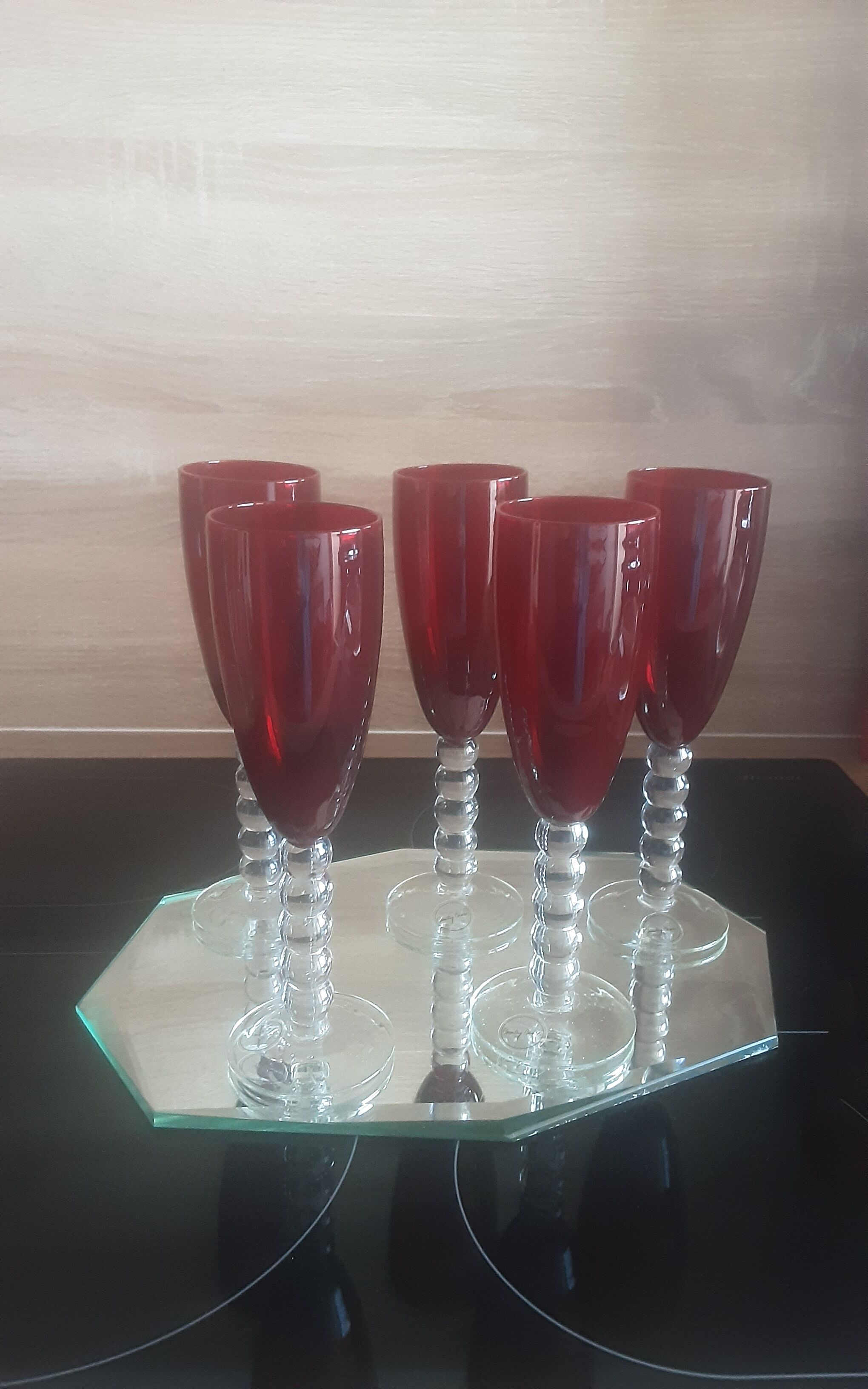 Lot 5 vintage ruby red glass flutes