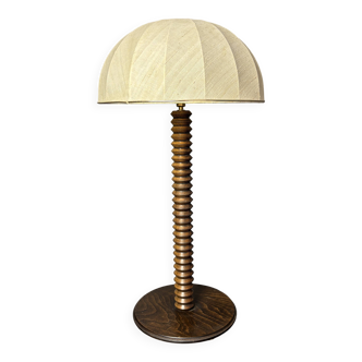 Large 95 cm midcentury brutalist wood turned mushroom table lamp, 1950s