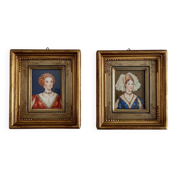 2 small portrait paintings of a woman by N. Philip, miniatures on ivory.