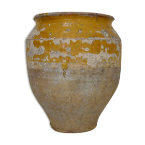 Pot à confit jaune vernissé, sud ouest de la France. Pot de conservation. Pyrénées XIXème