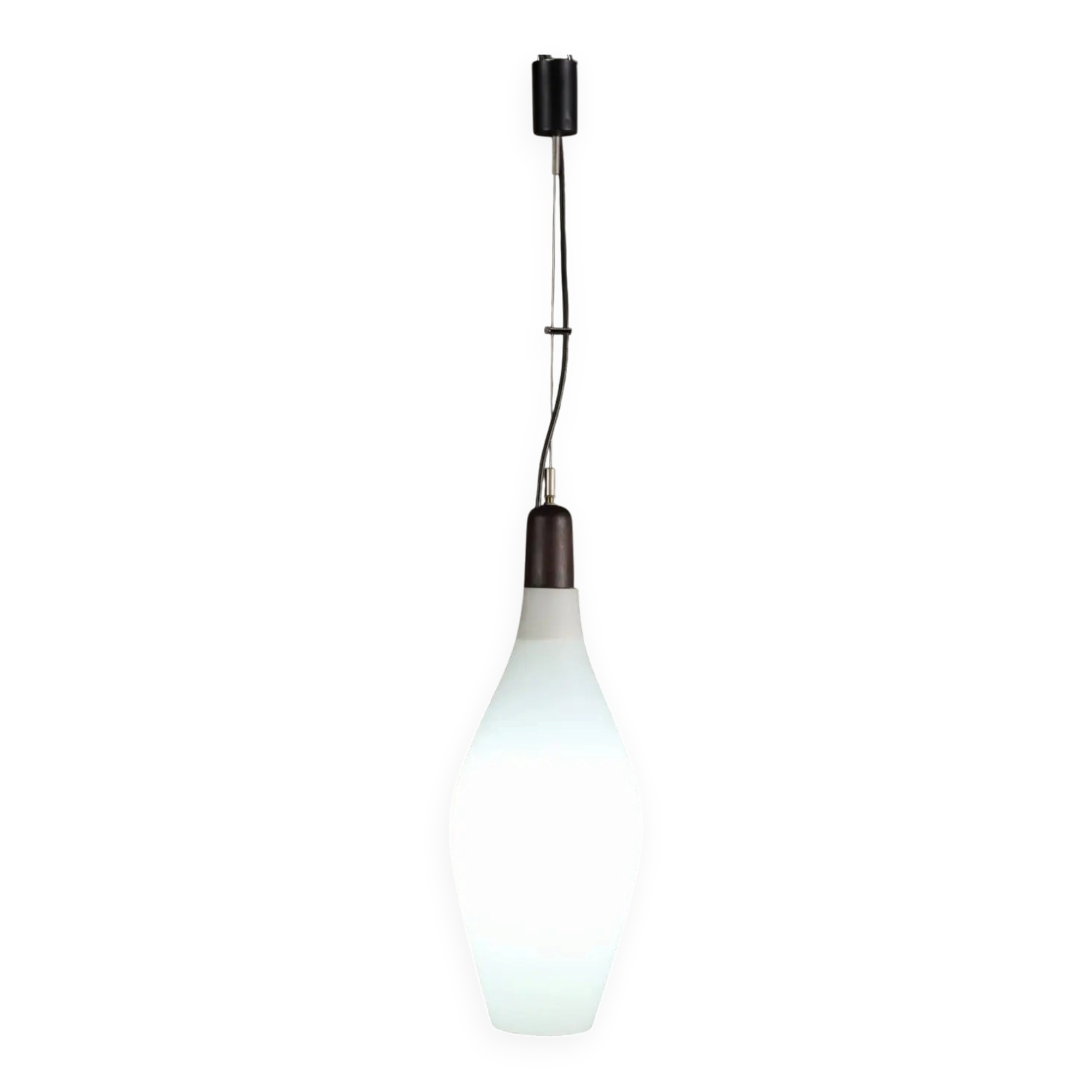 Vintage opaline glass and teak suspension, Italy, 1960s.