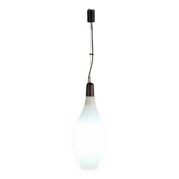 Suspension vintage en verre opalin et teck, Italie, années 1960