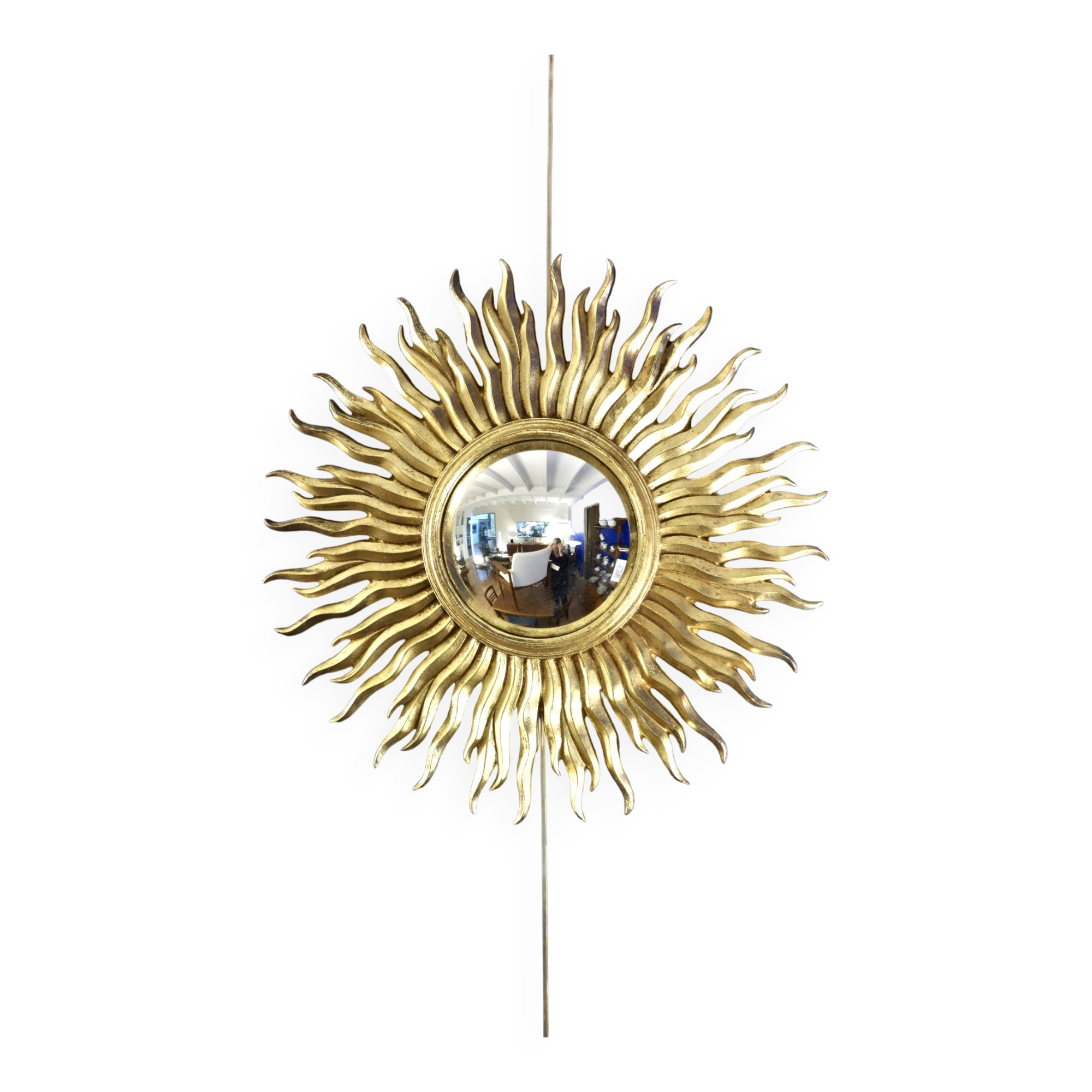 Vintage convex sun mirror in gilded wood, France 1960's