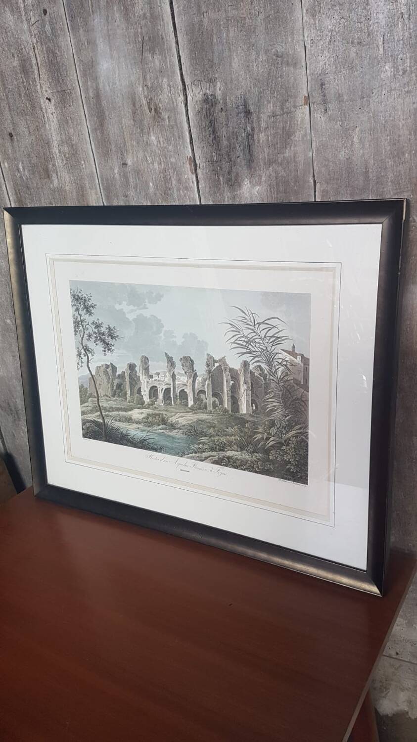 Old Color Lithograph “Roman Aqueduct Fréjus” + Black Wood Frame #A686