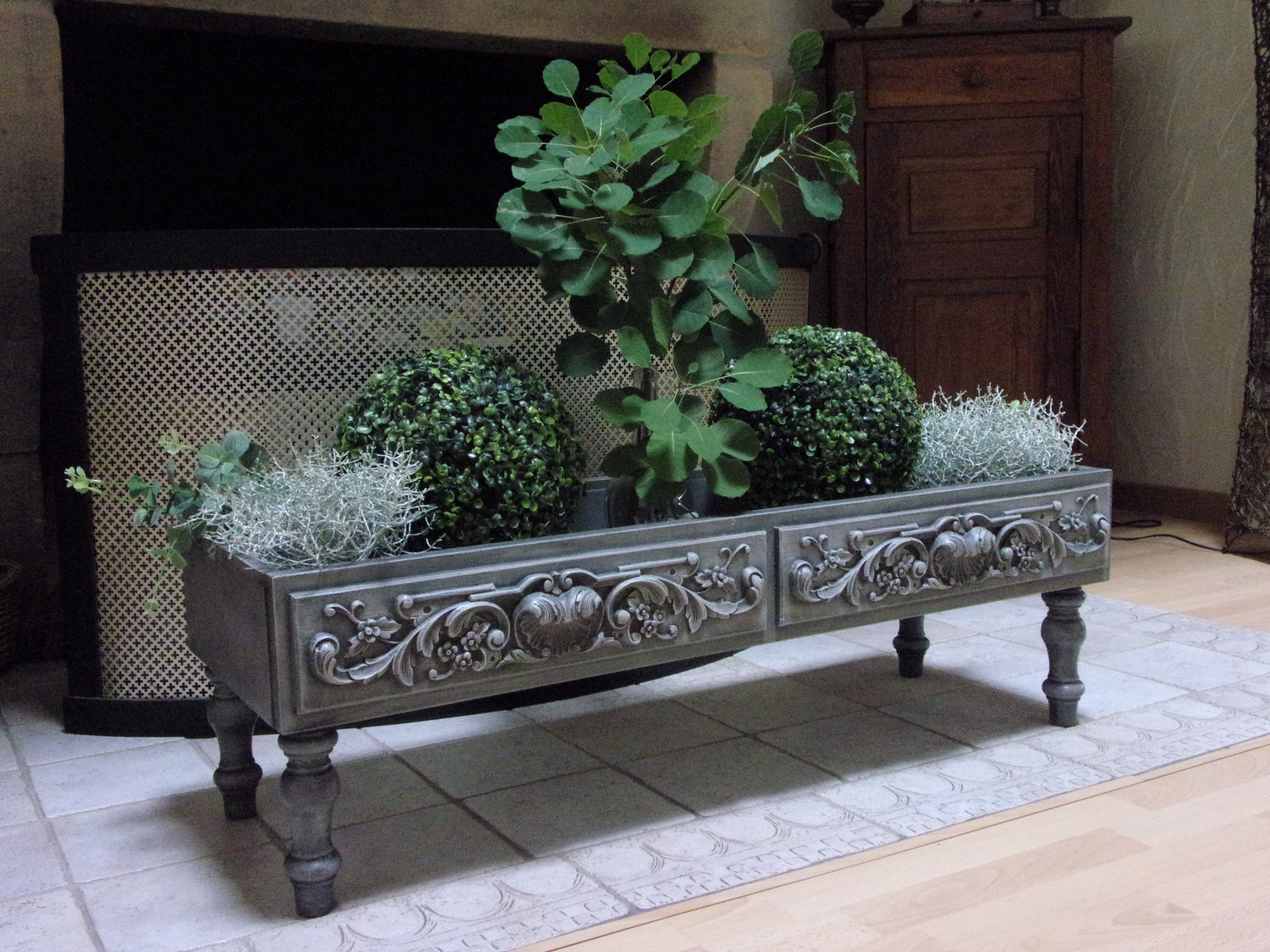 Large baroque style interior planter in gray patinated wood