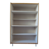 Vintage library in oak veneer, pearl grey interior, metal legs.