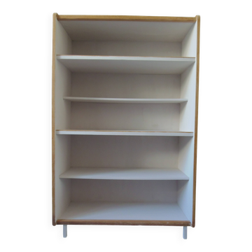 Bibliothèque vintage en placage chêne, intérieur gris perle, pied en métal