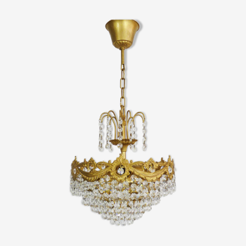 Lustre plafonnier couronne en bronze ou laiton, 6 étages, 3 feux. Année 50 60