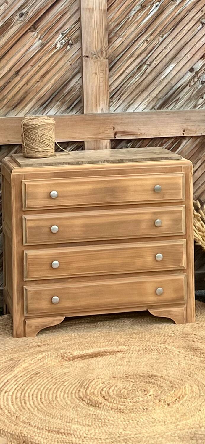 Antique wooden commode with beige marble.
