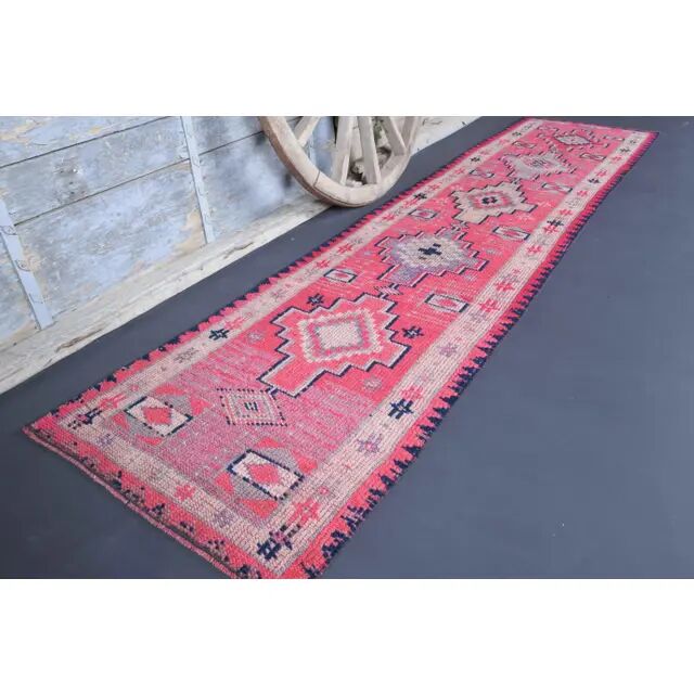 Vintage Turkish Oushak Handmade Wool Cotton Pink Runner Rug 81x337