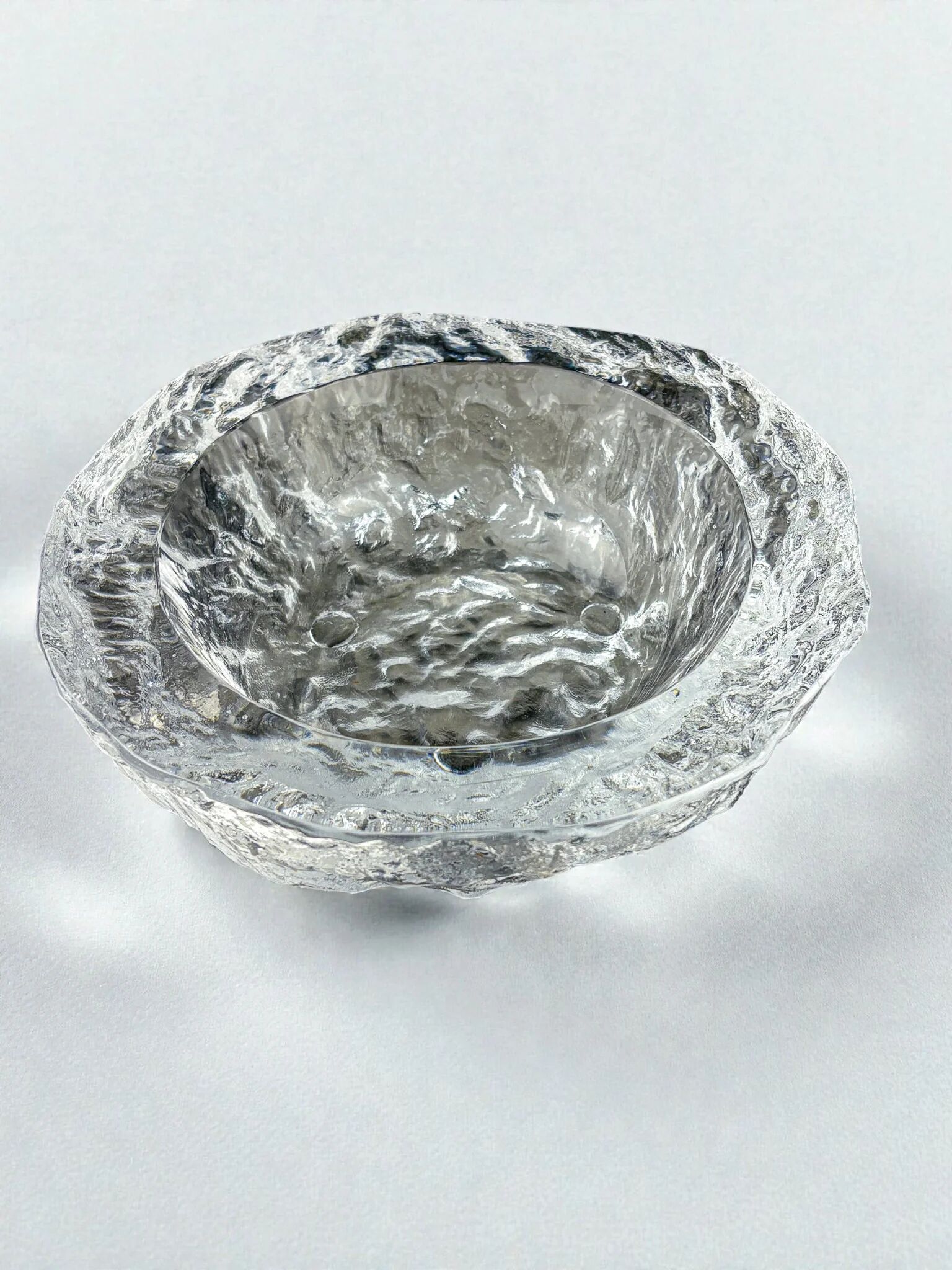 Brutalist "Iceberg" catch-all bowl, textured crystal glass, Sweden, 1970s