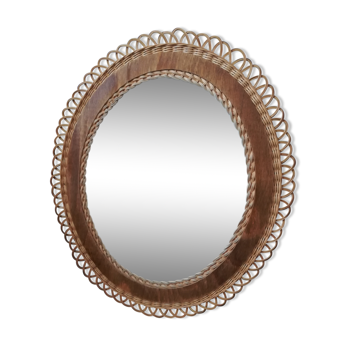Rattan and wood shape oval vintage mirror 43x50cm