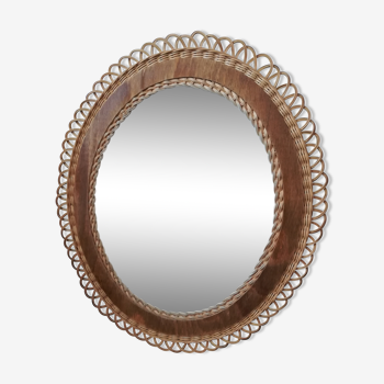 Miroir rotin et bois vintage de forme ovale 43x50cm