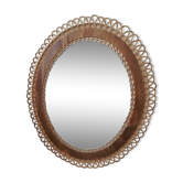 Miroir rotin et bois vintage de forme ovale 43x50cm