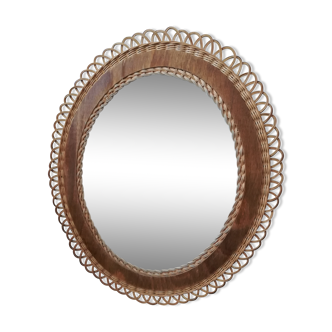 Rattan and wood shape oval vintage mirror 43x50cm