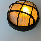 Vintage wall lamp, black metal and ridged glass, France 1980.