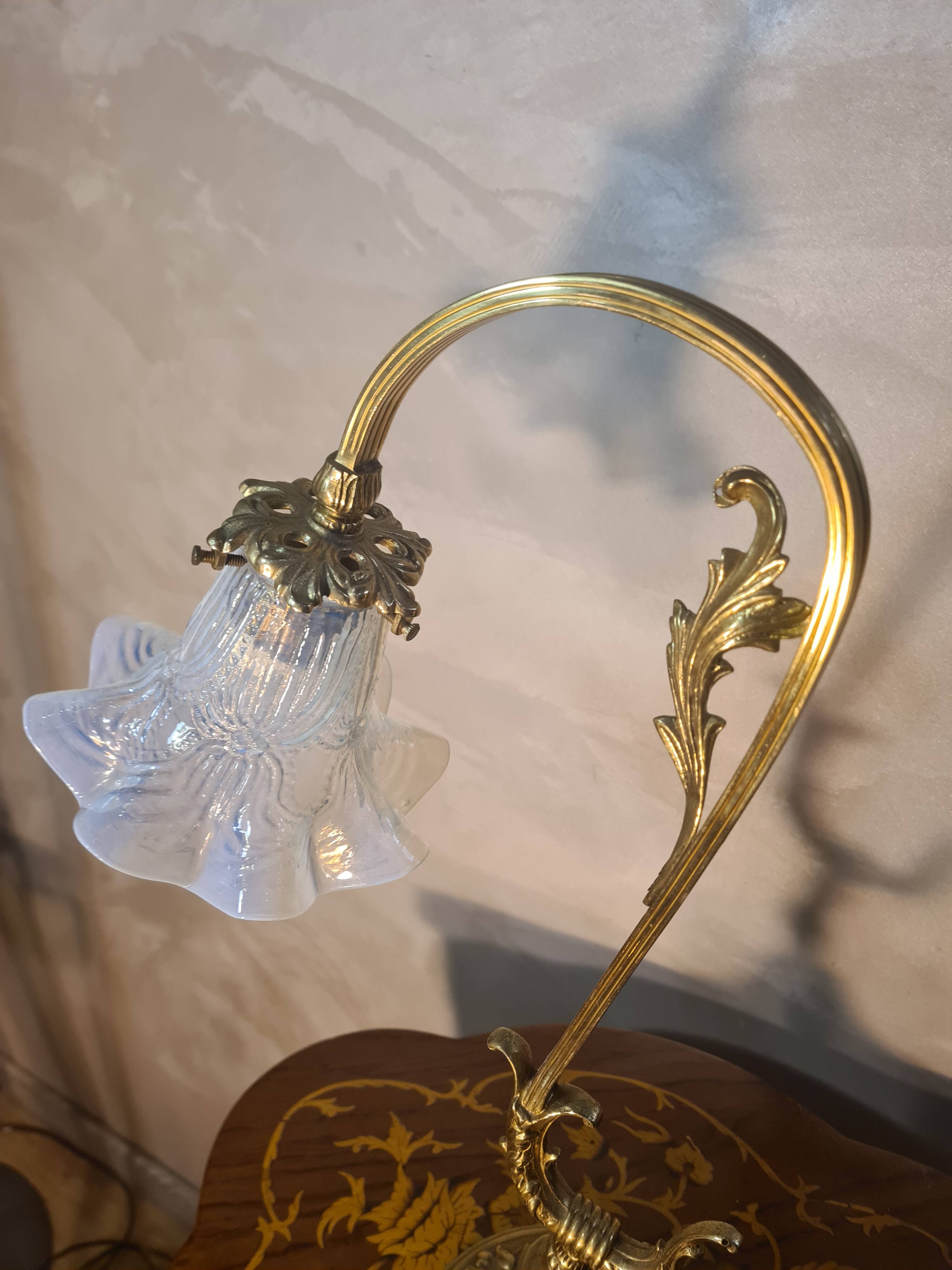 bronze and brass lamp with a magnificent blue moulded tulip, opalescent,